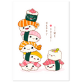 Cute illustrated sushi characters stacked into a playful tower, with smiling faces and the text “Happy Sushi Time” on a white background.