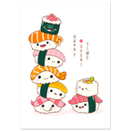 Cute illustrated sushi characters stacked into a playful tower, with smiling faces and the text “Happy Sushi Time” on a white background.