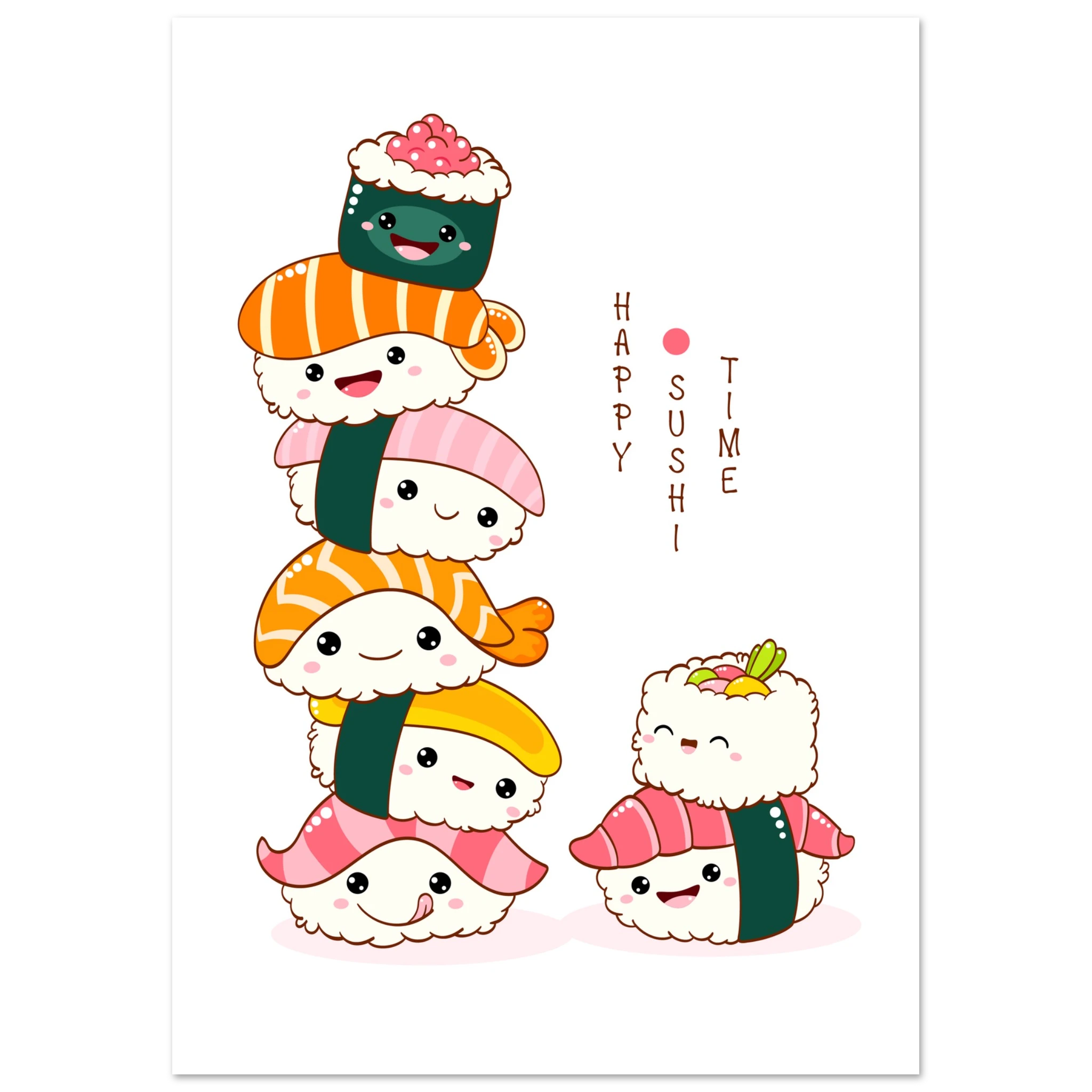 Cute illustrated sushi characters stacked into a playful tower, with smiling faces and the text “Happy Sushi Time” on a white background.
