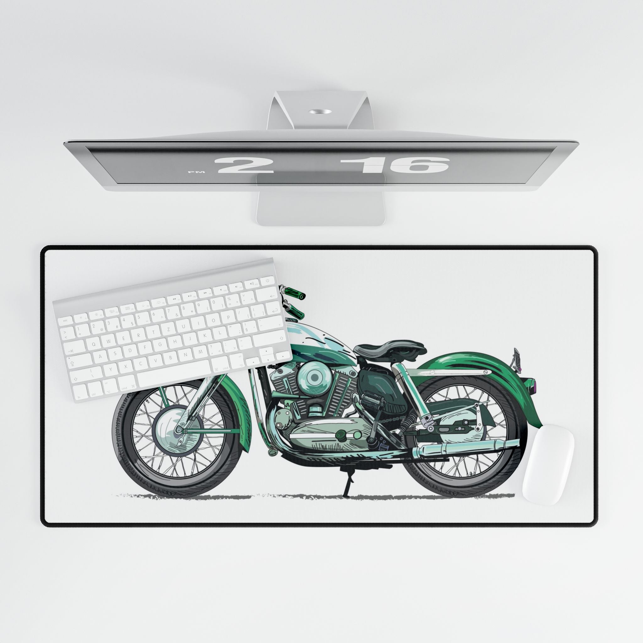 Large mouse pad with a green motorcycle design on a white surface.