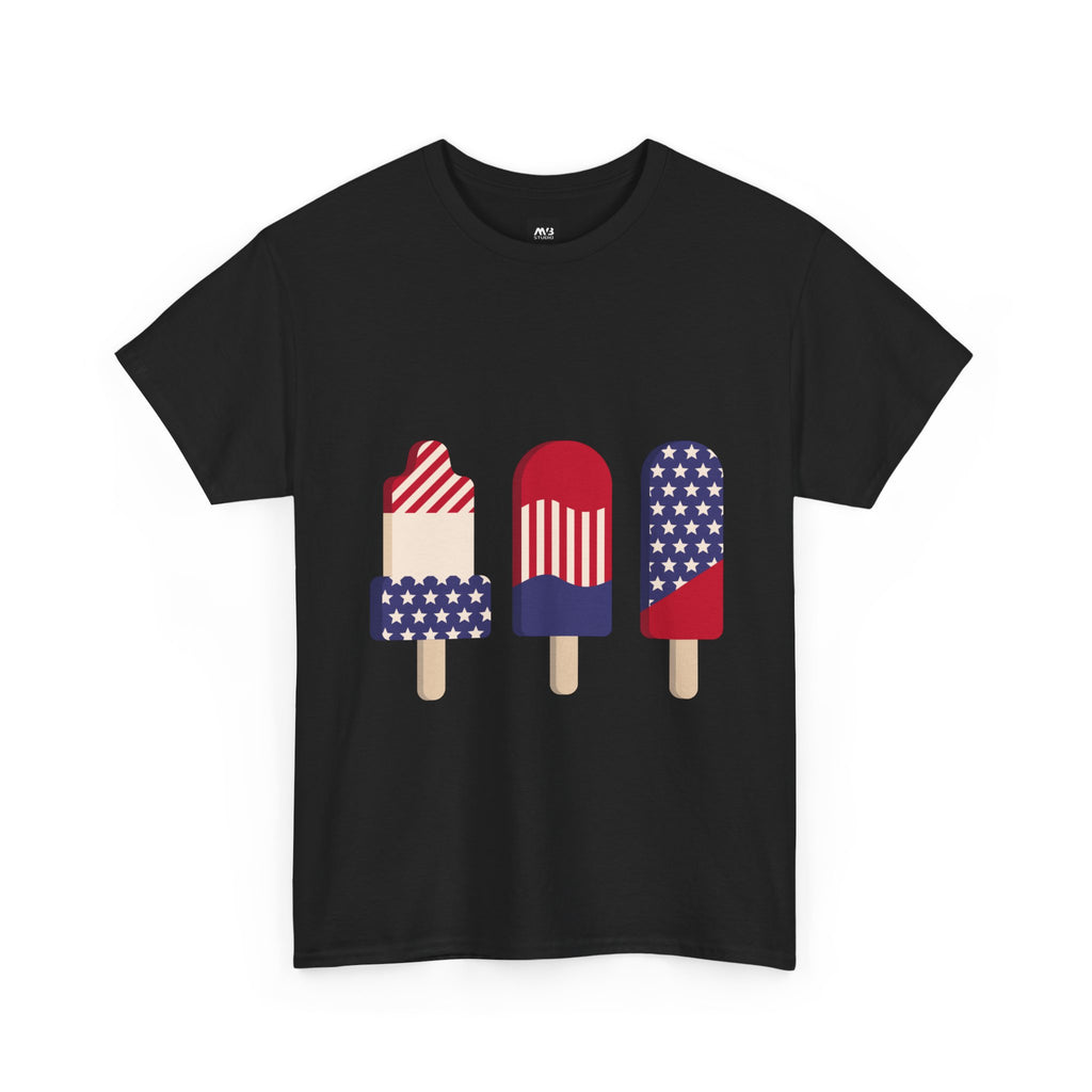 Black t-shirt with red, white, and blue popsicle design on a white background
