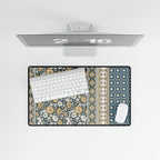 Vintage Floral Patchwork Desk Mat - Blue & Mustard Mousepad Desk Pad - MVB STUDIO STORE