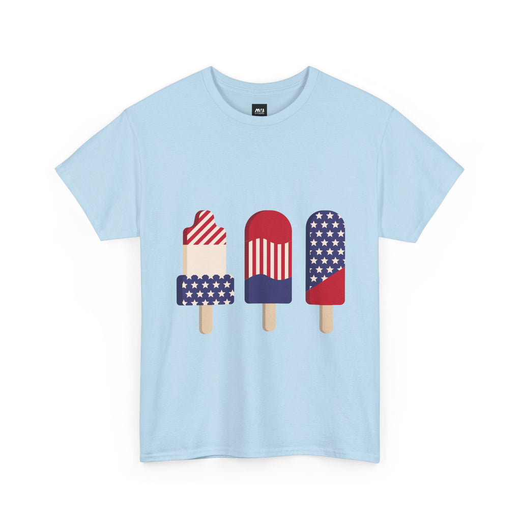 Light blue t-shirt with colorful popsicle graphic on a white background