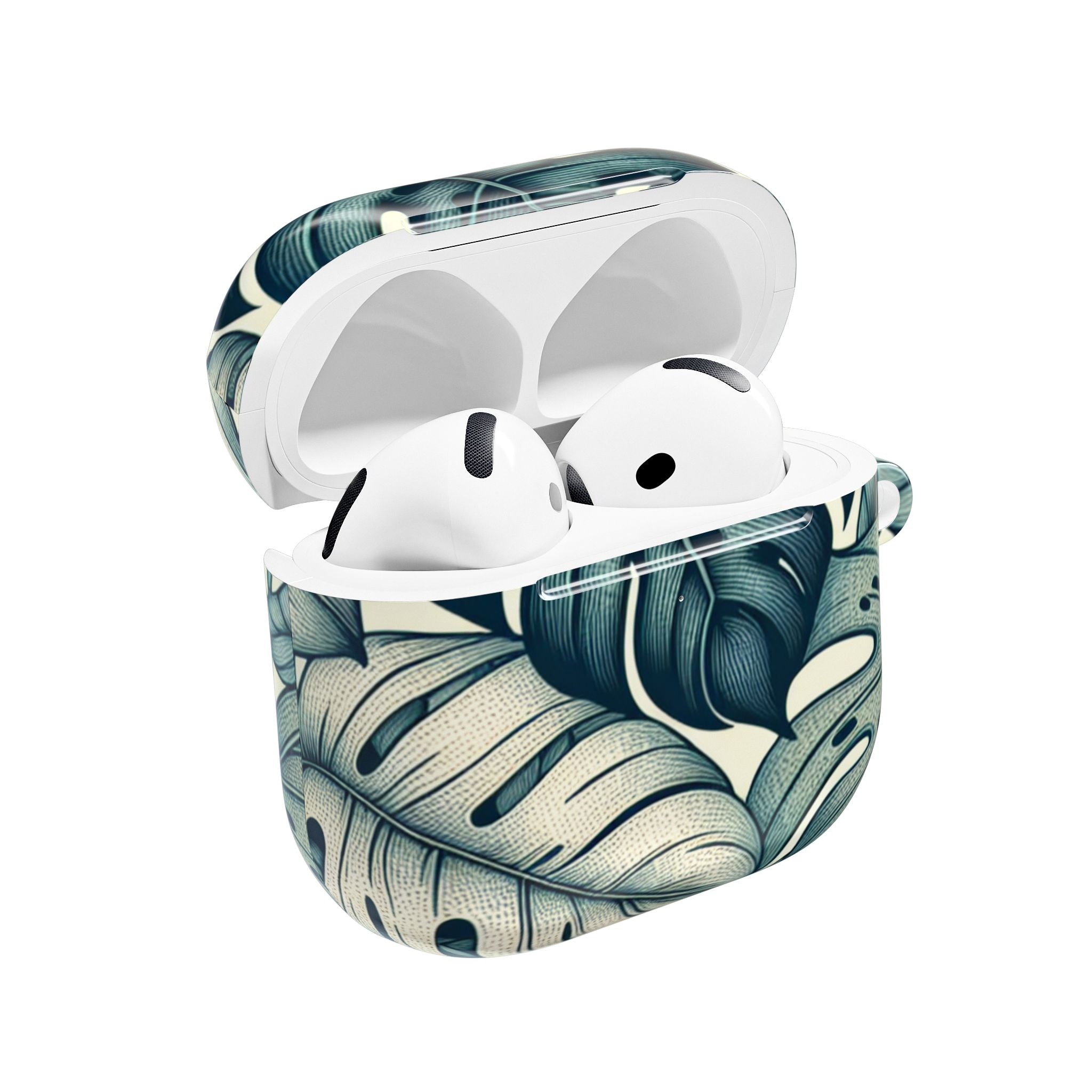 AirPods Pro case with a tropical leaf pattern, featuring large, stylized green and cream monstera leaves. The case is open, revealing the white AirPods Pro inside.