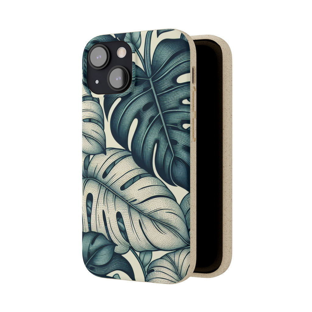 A slightly angled view of a beige, speckled iPhone case with a teal and blue monstera leaf pattern. The case is open, revealing its smooth brown interior and the dual camera cutout at the top.