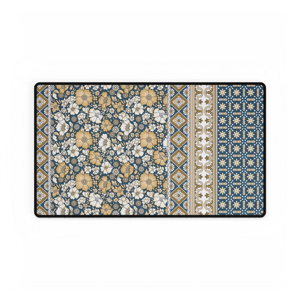 Vintage Floral Patchwork Desk Mat - Blue & Mustard Mousepad Desk Pad - MVB STUDIO STORE