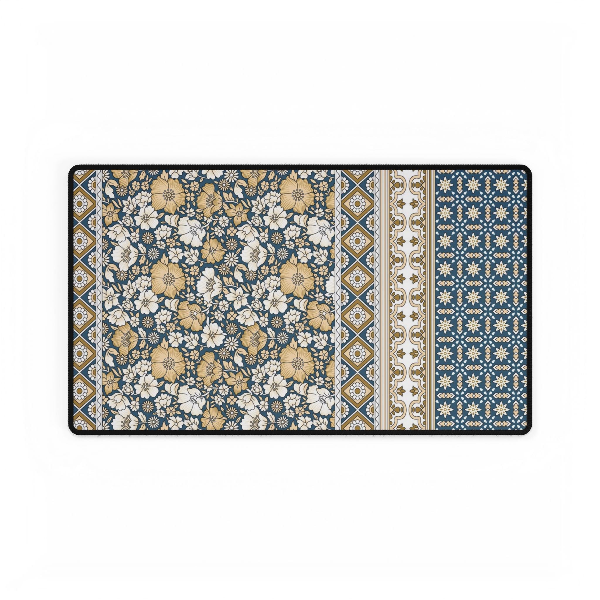 Vintage Floral Patchwork Desk Mat - Blue & Mustard Mousepad Desk Pad