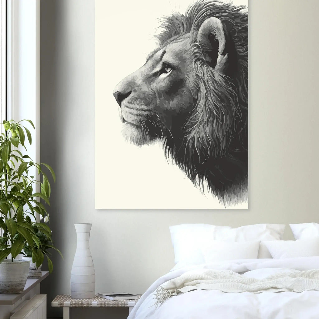 Large wall art of a lion's head in a bedroom setting with a bed and plant.