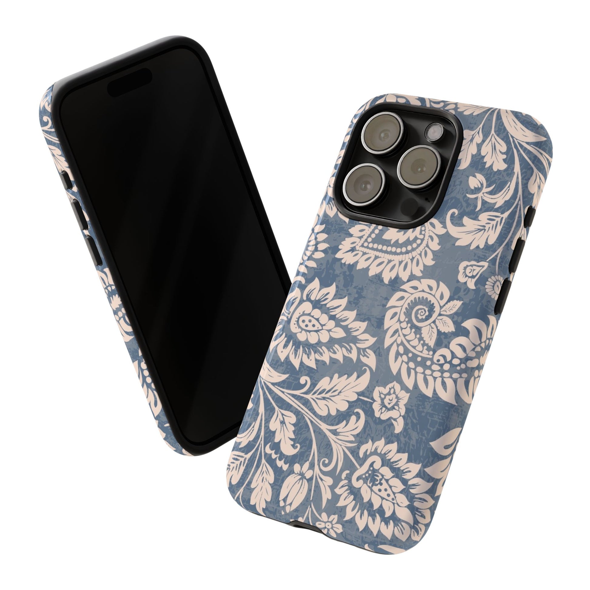 Blue Floral Pattern Tough Phone Case for iPhone 15 models