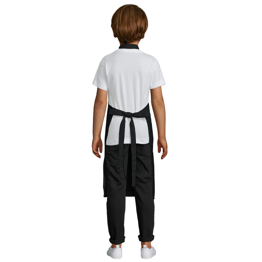 Person wearing a white shirt and black apron on a white background