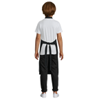 Person wearing a white shirt and black apron on a white background