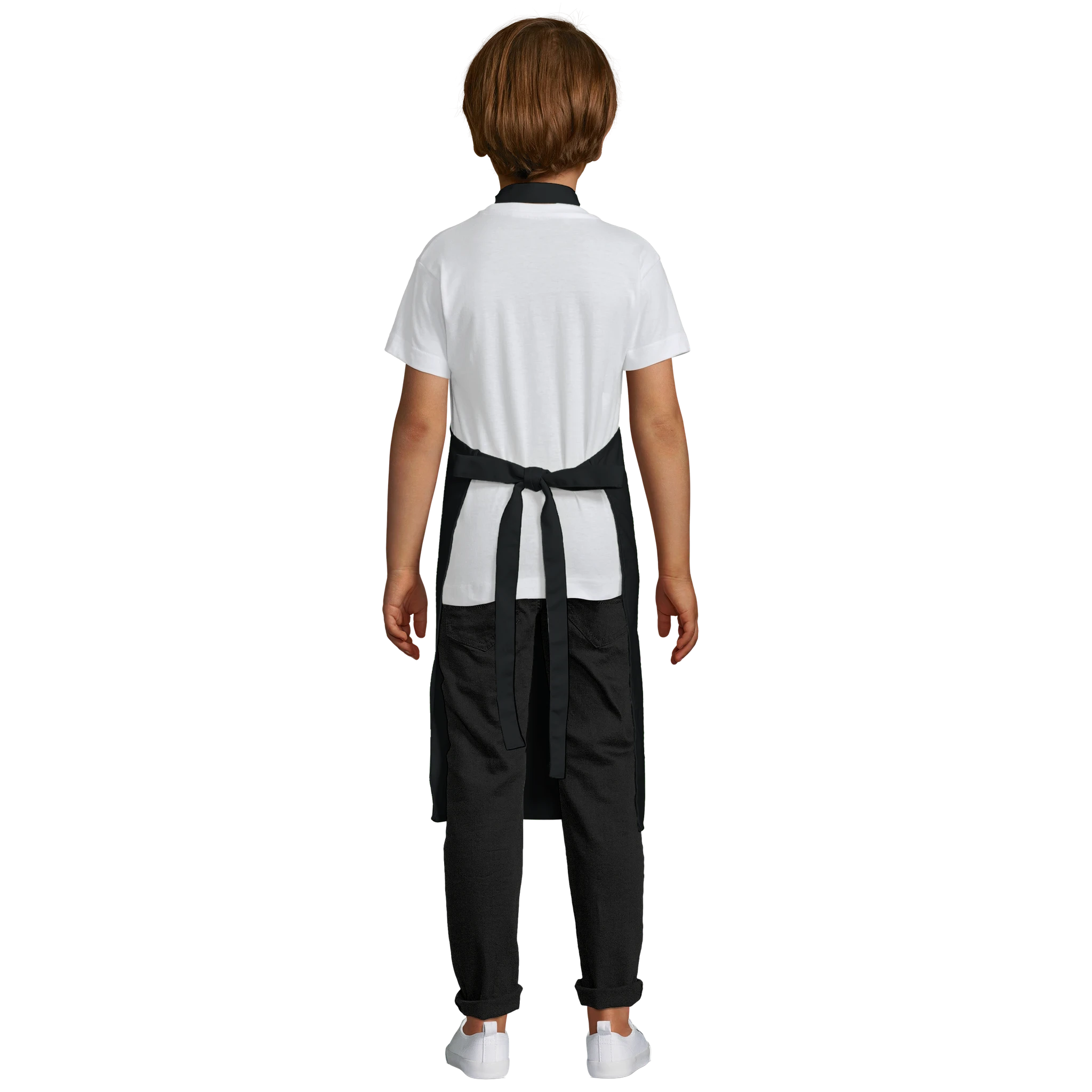 Person wearing a white shirt and black apron on a white background