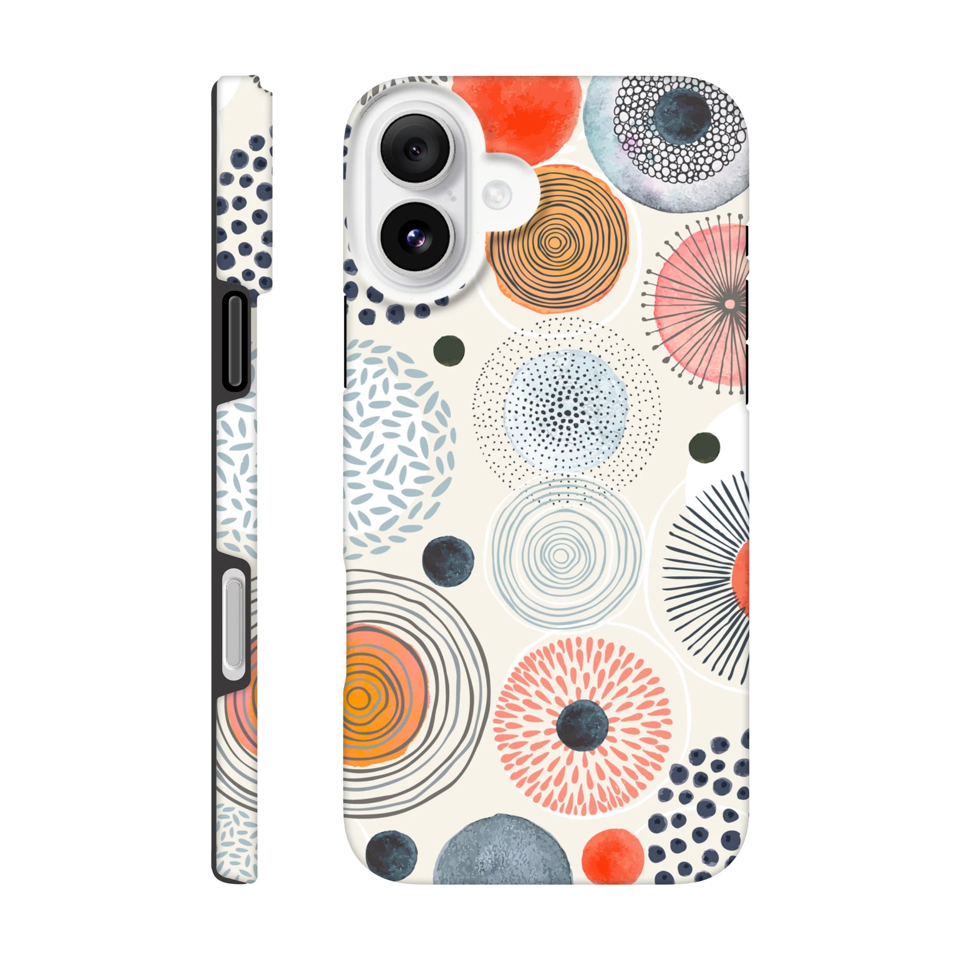 iPhone case by MVB Studio with an abstract multicolour circular pattern in orange, navy, and pastel tones on a light cream background.