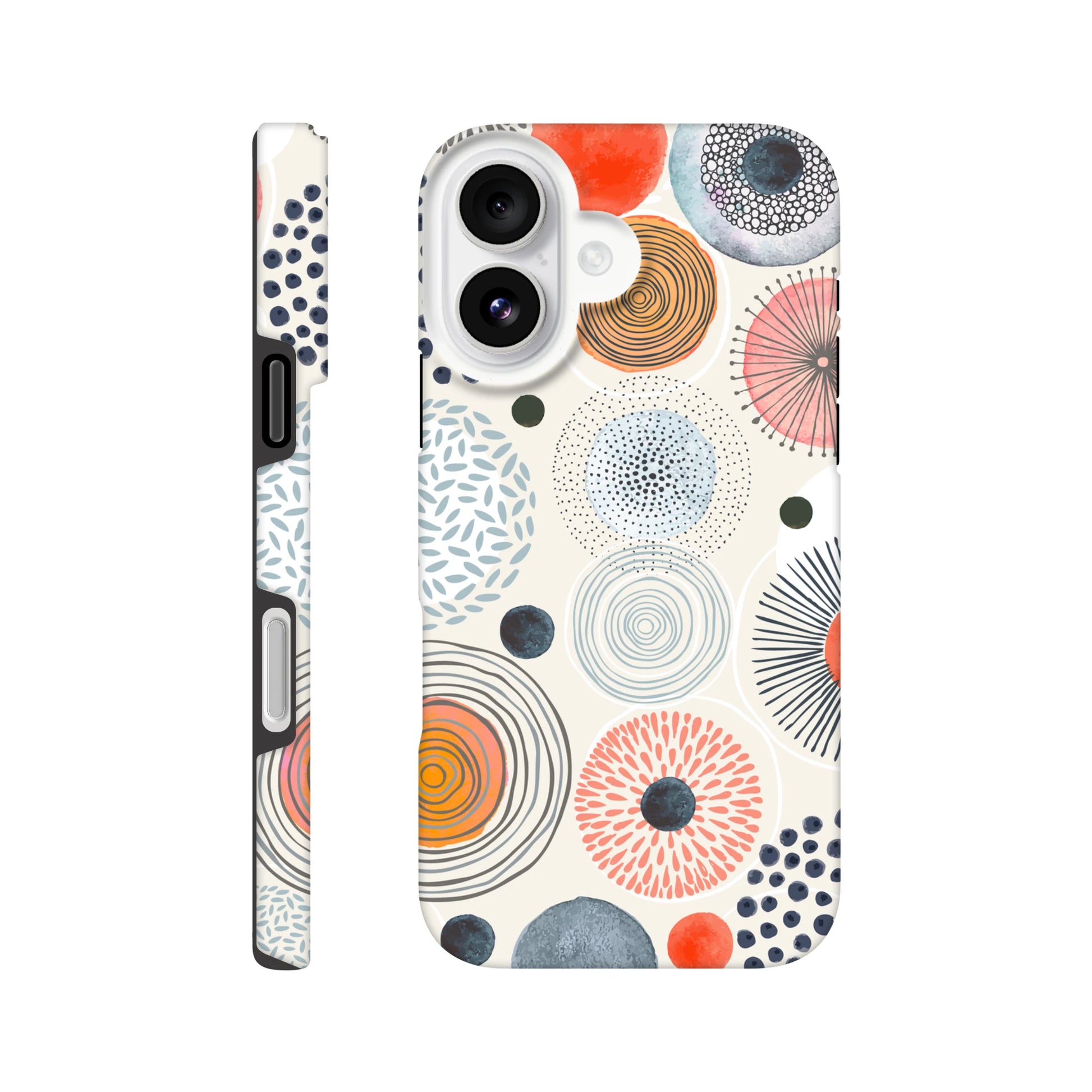 Modern iPhone case from MVB Studio featuring a colourful abstract pattern of circular designs in orange, blue, and black on a cream background.
