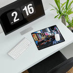 Modern desk setup with keyboard, monitor and Times Square mouse pad design by MVB Studio on a clean white workspace.