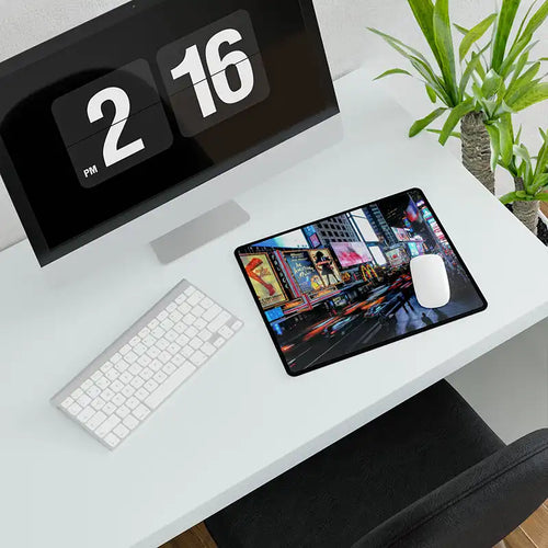 Modern desk setup with keyboard, monitor and Times Square mouse pad design by MVB Studio on a clean white workspace.
