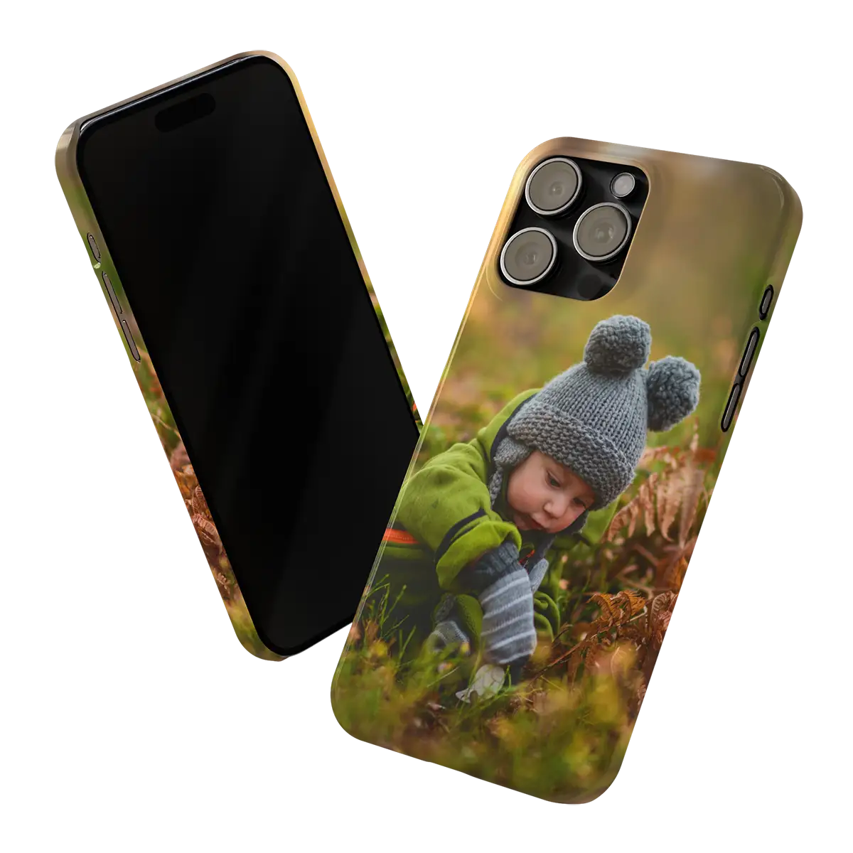 Add Your Photo Slim Case iPhone 15 Pro Max with a child in a field design on a white background