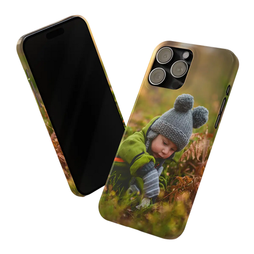 Add Your Photo Slim Case iPhone 15 Pro Max with a child in a field design on a white background