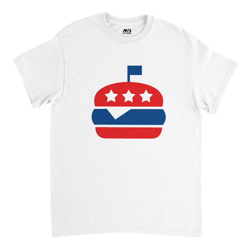White t-shirt of a burger with a flag with a red and blue graphic design featuring stars on a white background