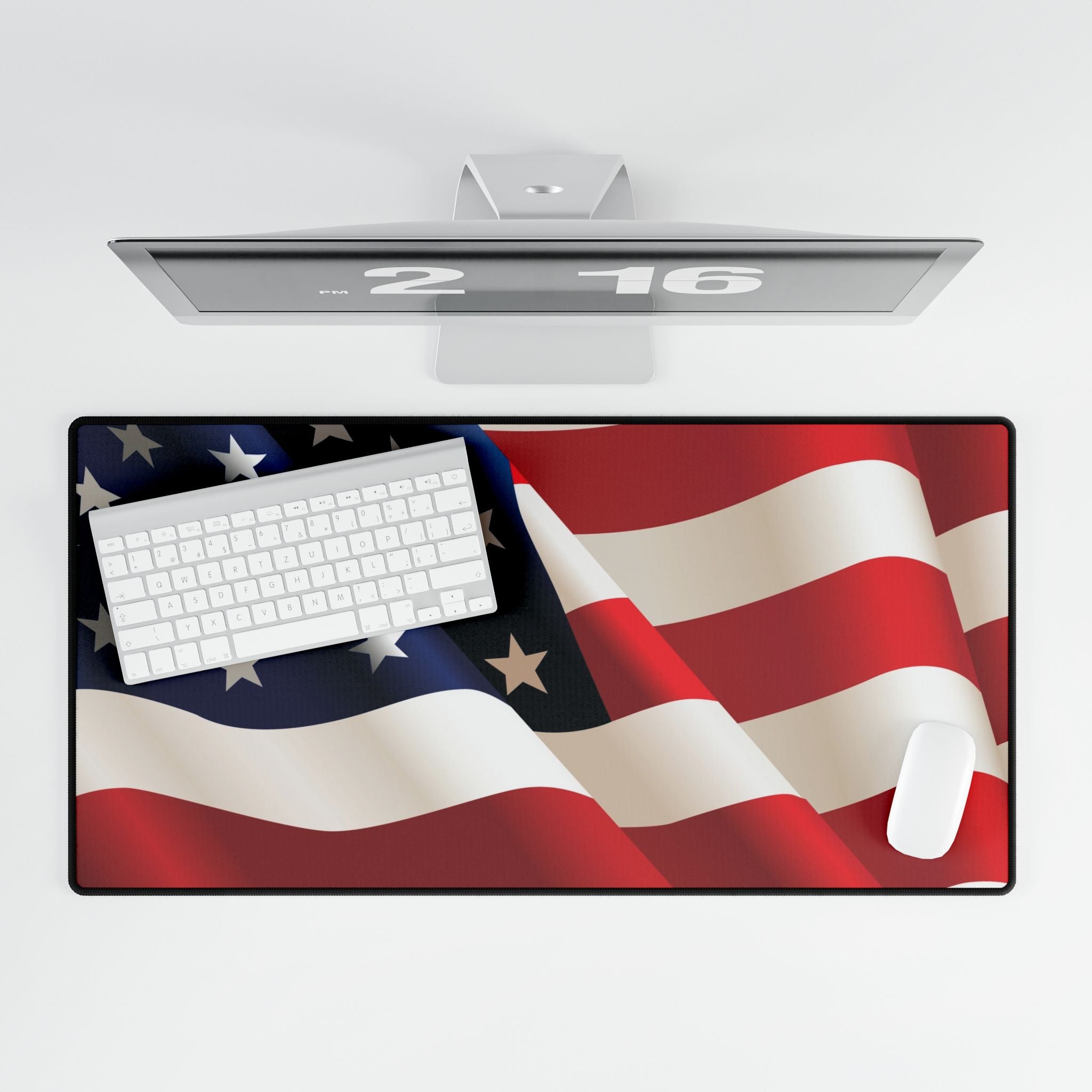 American flag desk mat with a computer keyboard on a white background