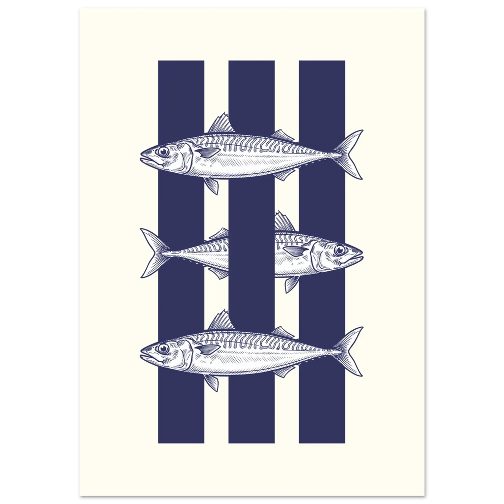 Poster print with fish design on a striped background