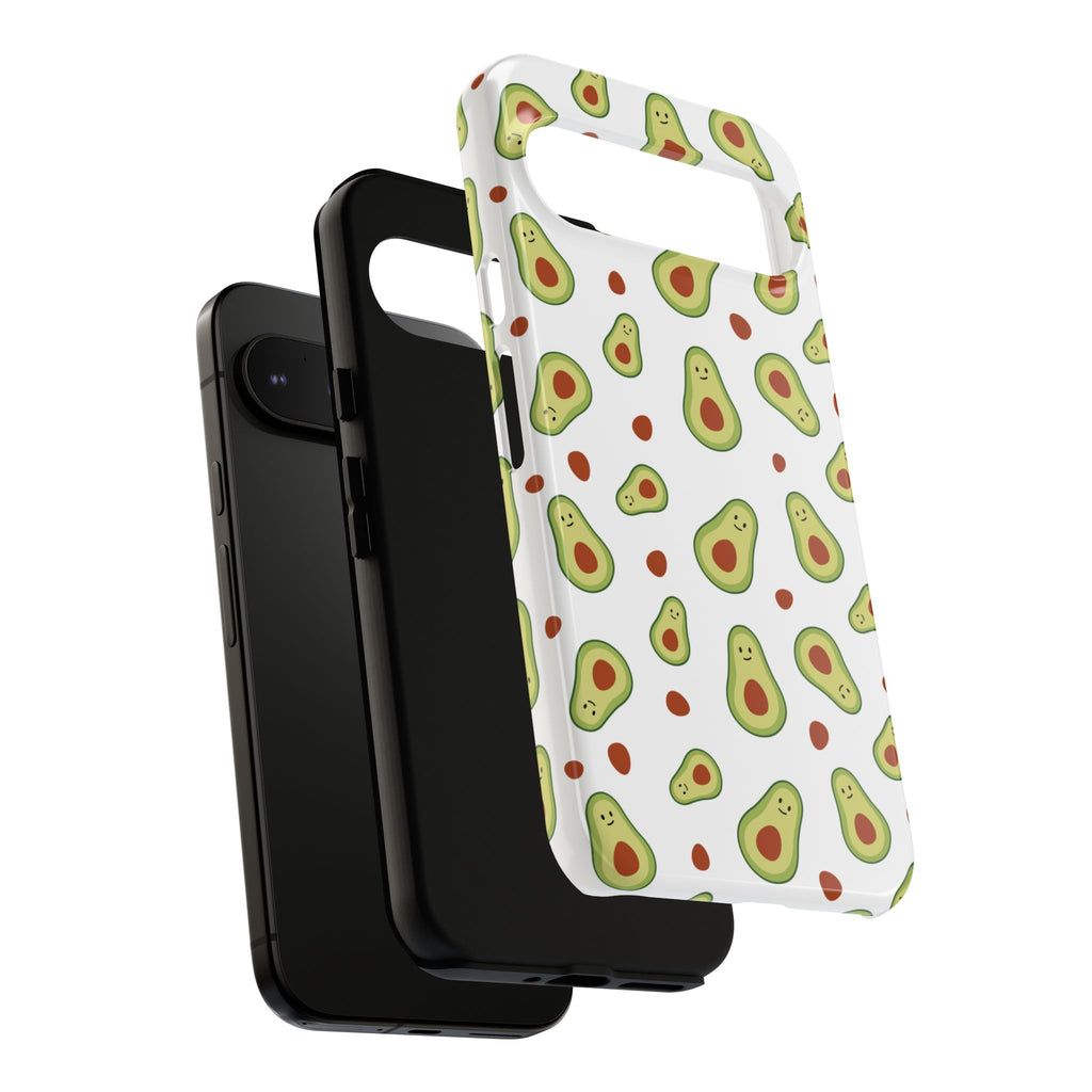 Avocado Cute Cartoon Tough Phone Case for Google Pixel phones with avocado pattern on a white background