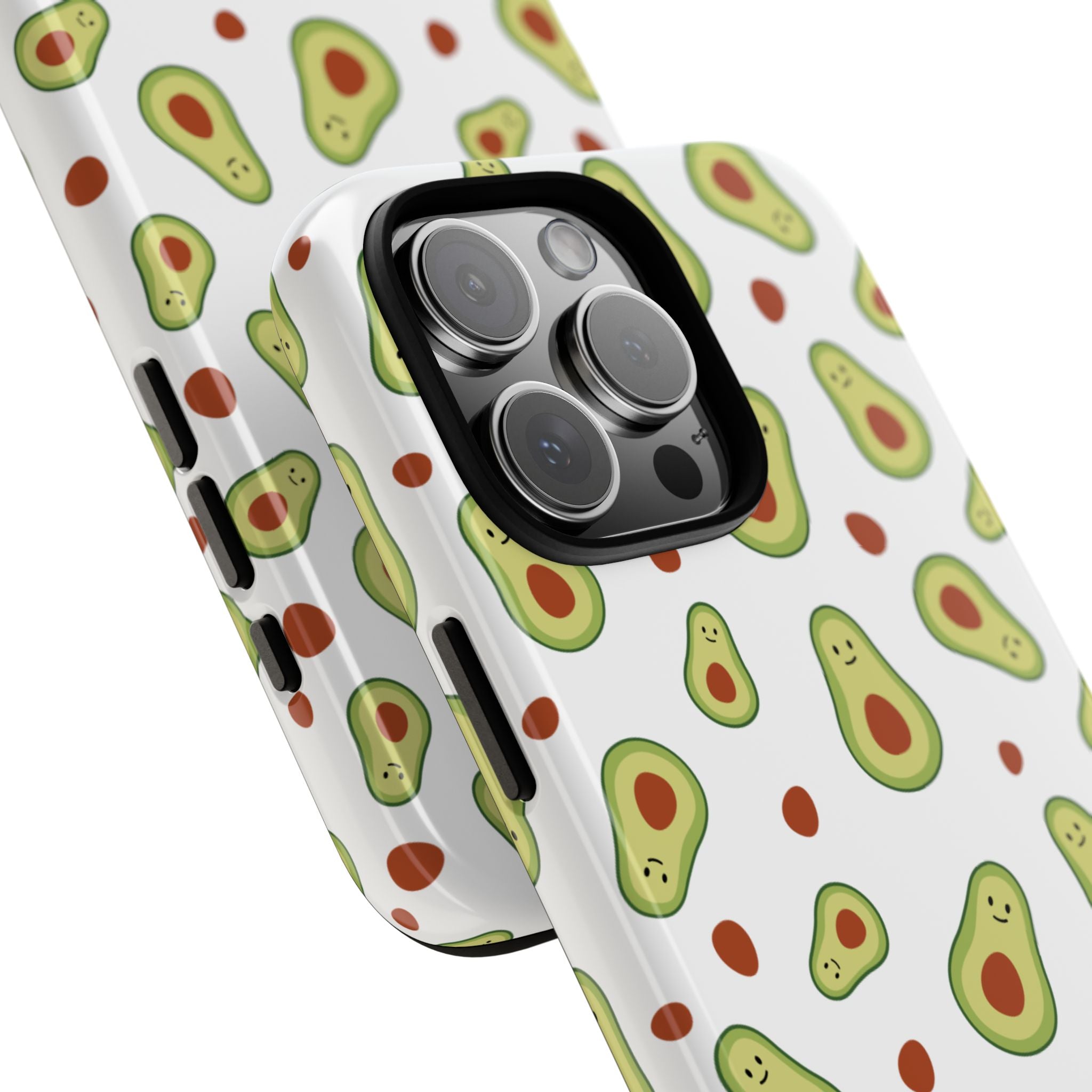 Avocado Cute Cartoon Tough Phone Case for iPhones, side view with avocado pattern on a white background
