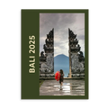 Bali Travel Photo Book with stone gate and person holding a red umbrella, featuring 'Bali 2025' text.