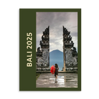 Bali Travel Photo Book with stone gate and person holding a red umbrella, featuring 'Bali 2025' text.