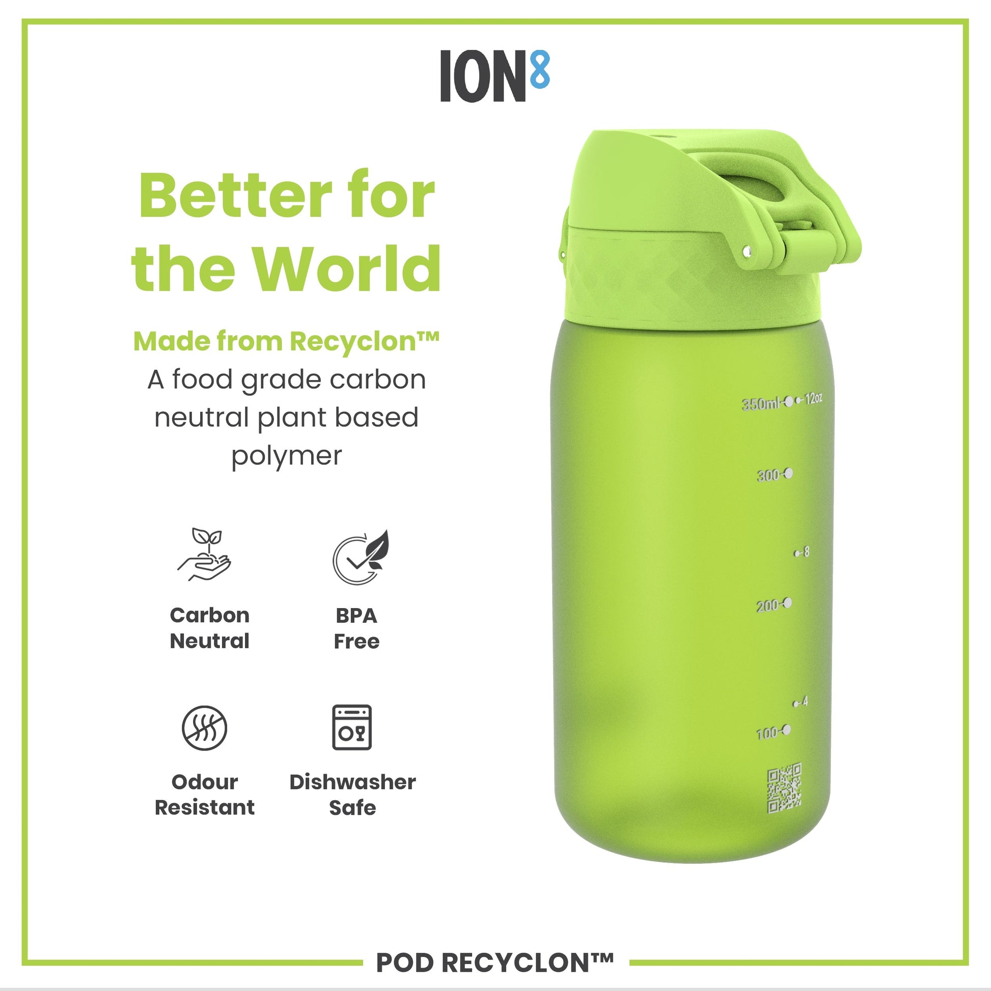 Green water bottle with 'ION8' branding and sustainability features on a white background