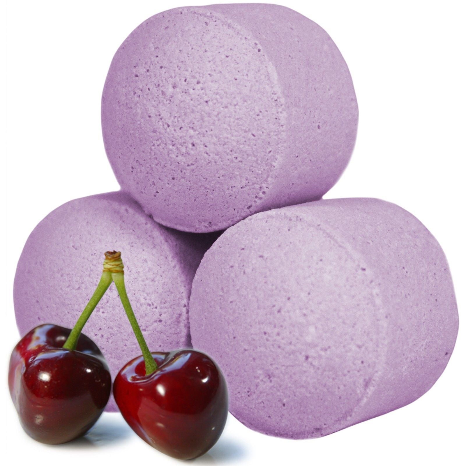 Three purple bath bombs with two cherries on a white background