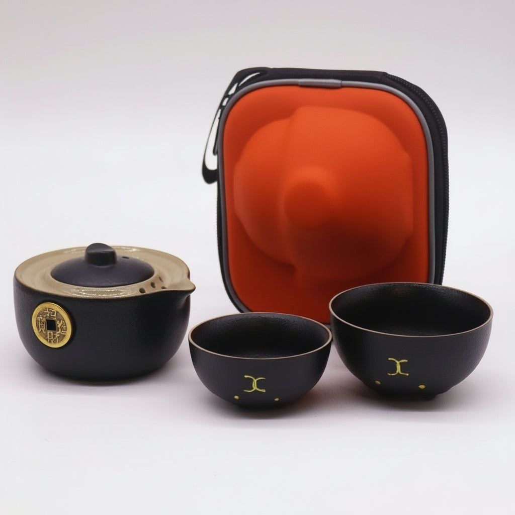 Money Cat Teapot Set - Two Cups - Travel Pack - Black displayed with a stylish travel case.