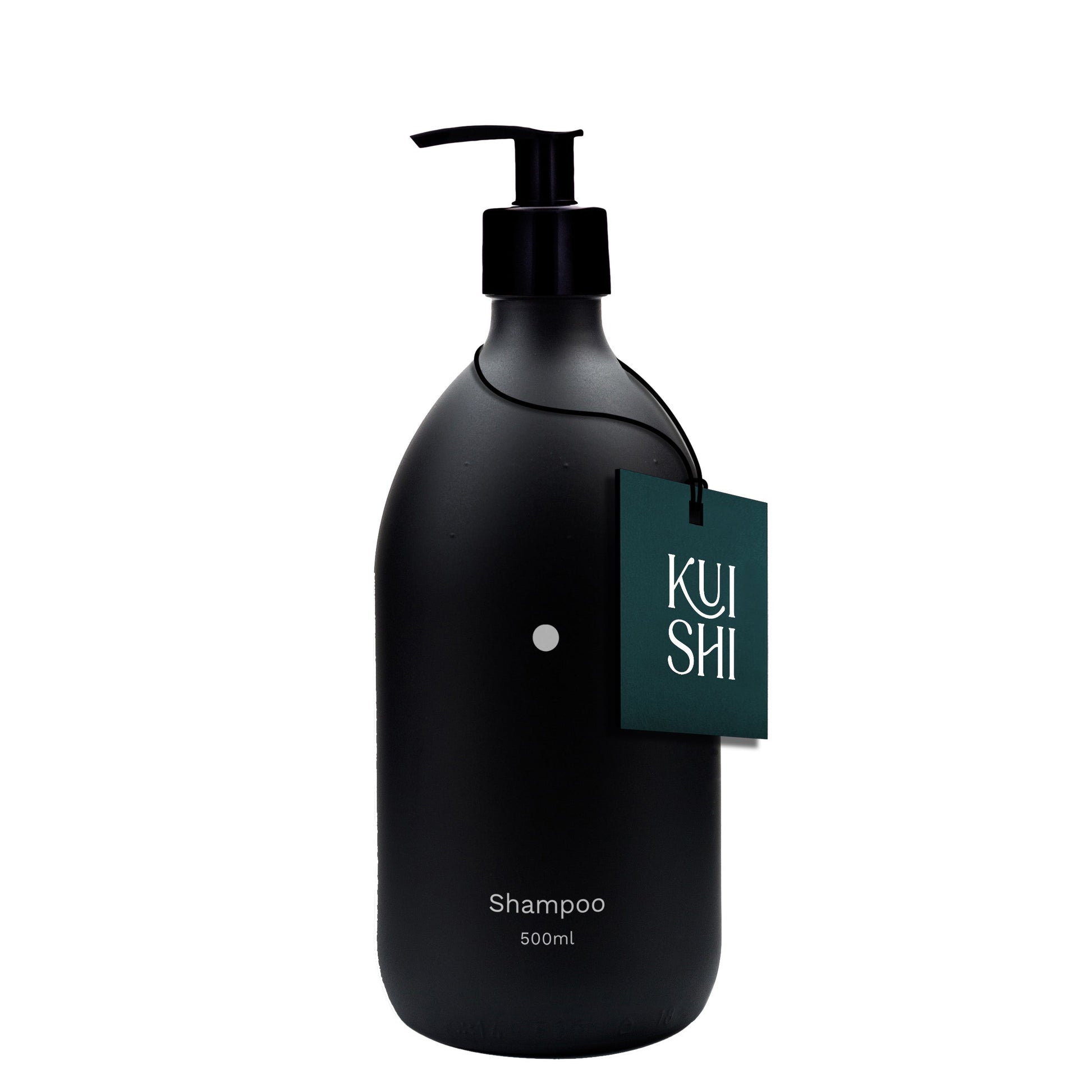 Black shampoo bottle with a 'Kushi' tag on a white background
