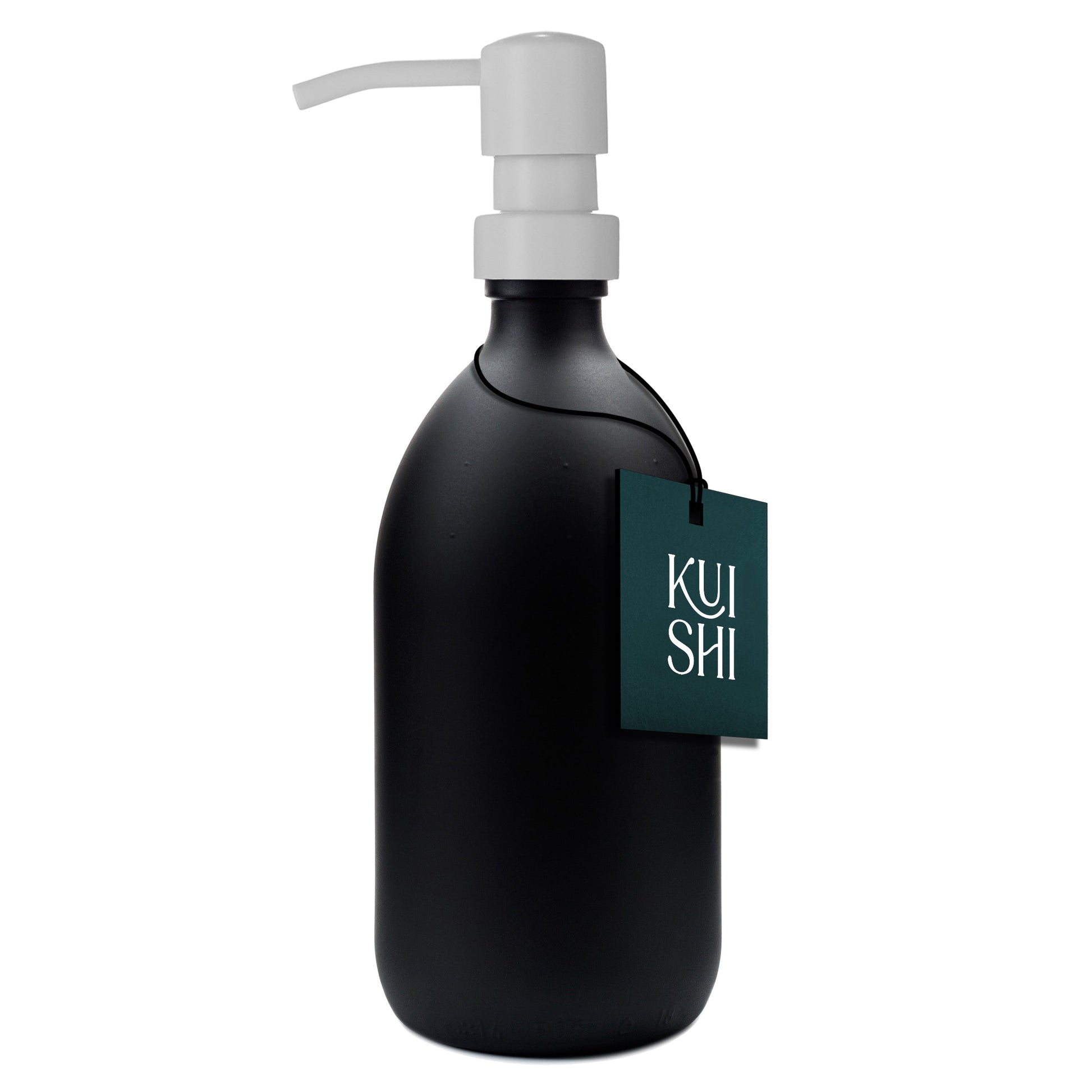 Black soap dispenser bottle with white pump and 'Kushi' tag on a white background