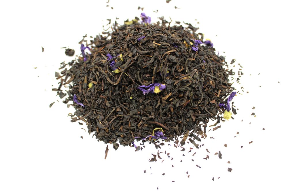 Dry Black Tea Earl Grey Mauve - 50g leaves with purple flowers on a white background