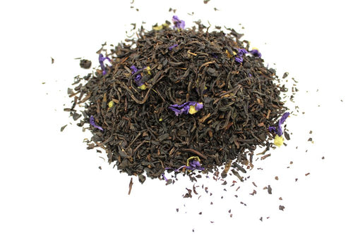 Dry Black Tea Earl Grey Mauve - 50g leaves with purple flowers on a white background