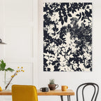 Floral patterned wall art above a wooden table with chairs in a room setting.