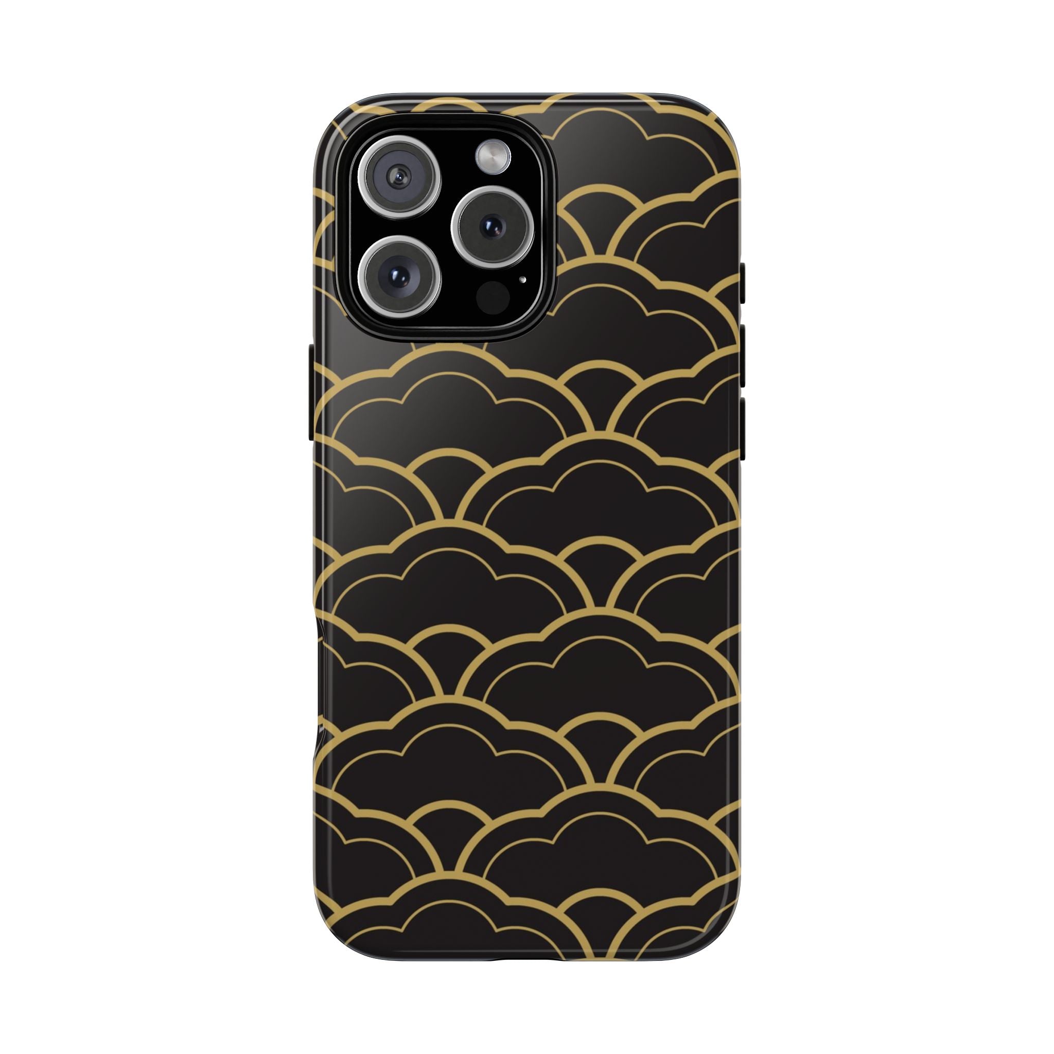 Phone case with gold wave pattern on a black background