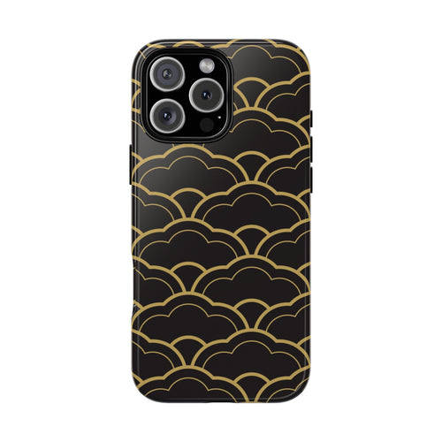 Phone case with gold wave pattern on a black background