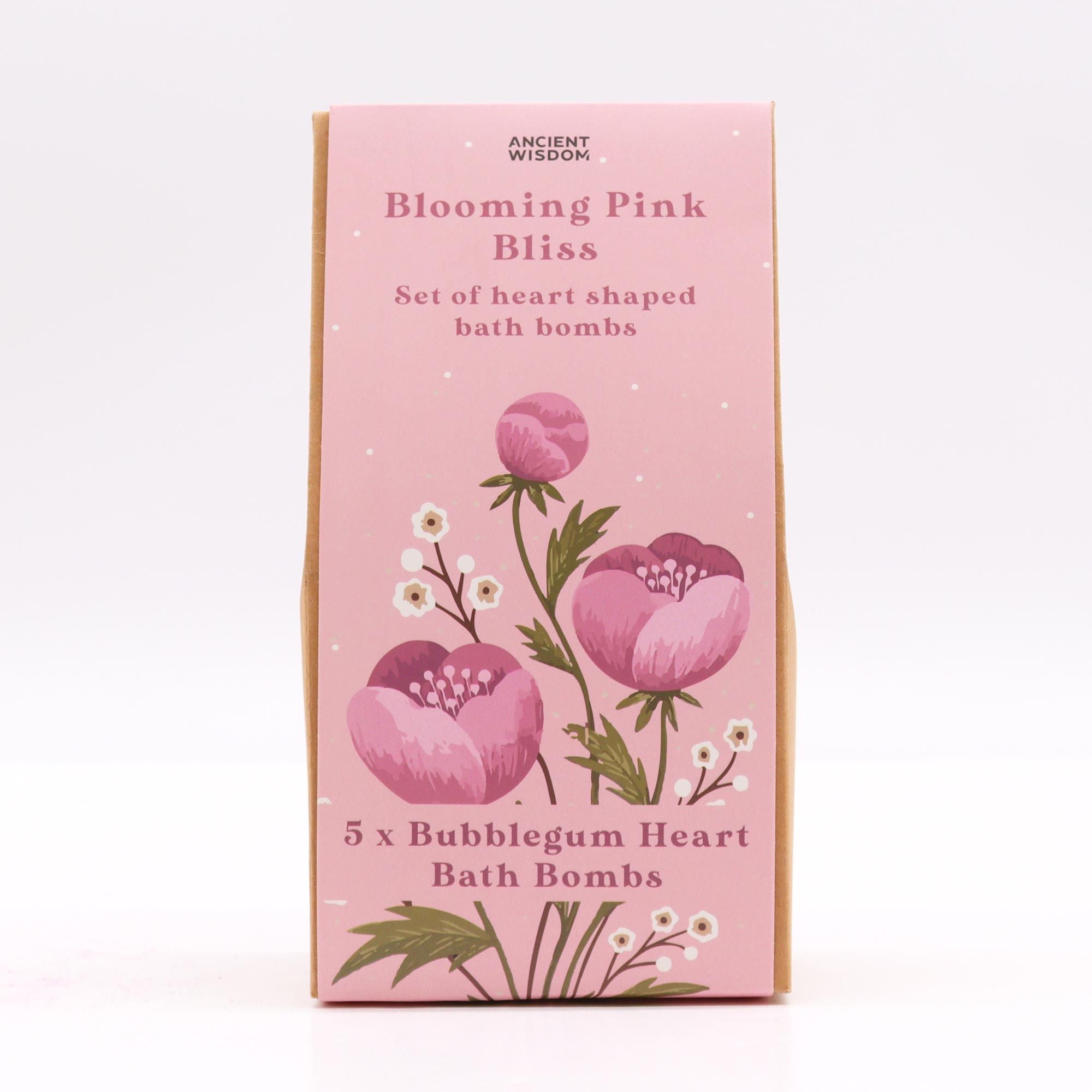 Packaging of Blooming Pink Bliss bath bombs with floral design on a white background