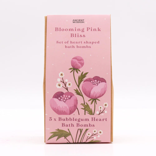 Packaging of Blooming Pink Bliss bath bombs with floral design on a white background