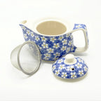 Ceramic teapot with floral pattern, lid, and mesh filter on a white background