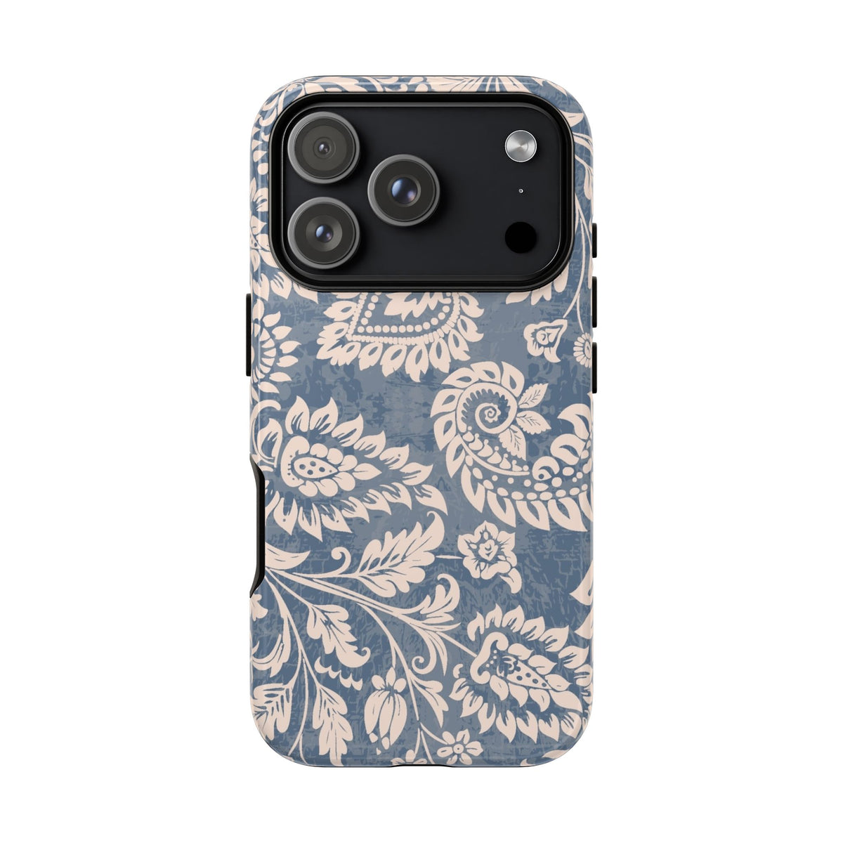 Blue Floral Pattern Tough iPhone 17 Pro Case with floral pattern on a white background