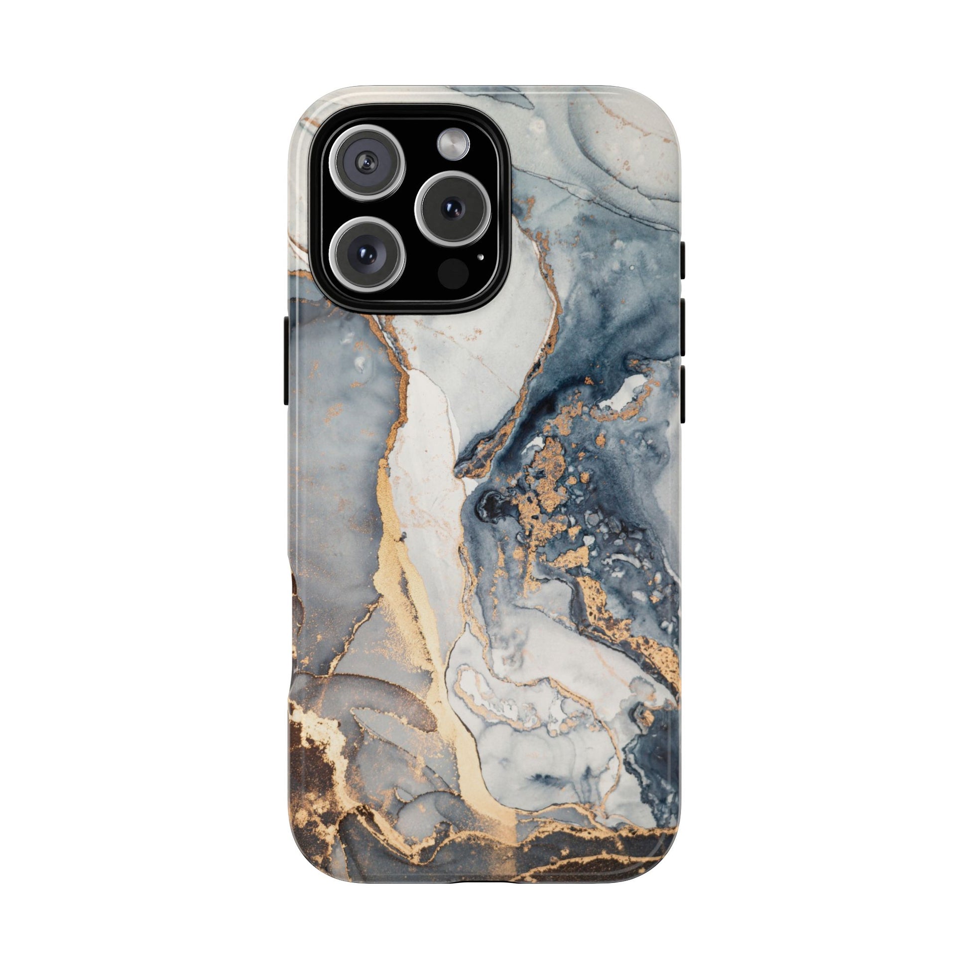 Phone case with a marble design featuring blue, gold, and gray colors on a white background.