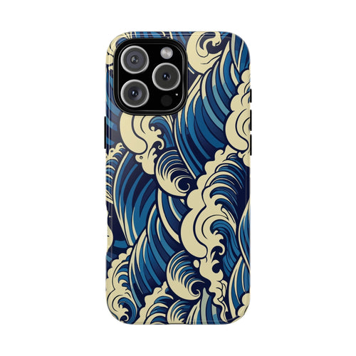 Phone case with blue and beige wave pattern on a white background