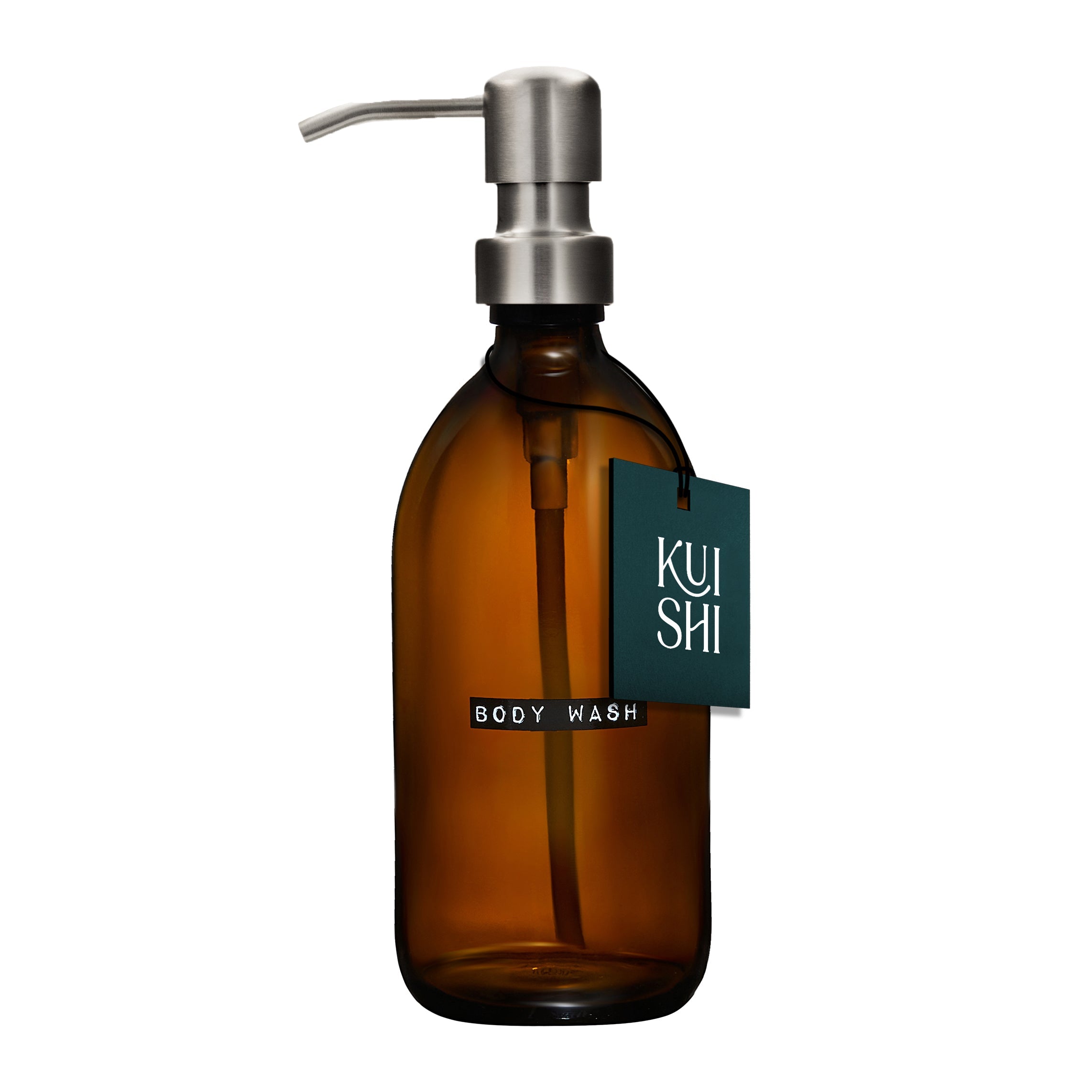 Brown glass body wash bottle with pump and 'KUI SHI' label on a white background