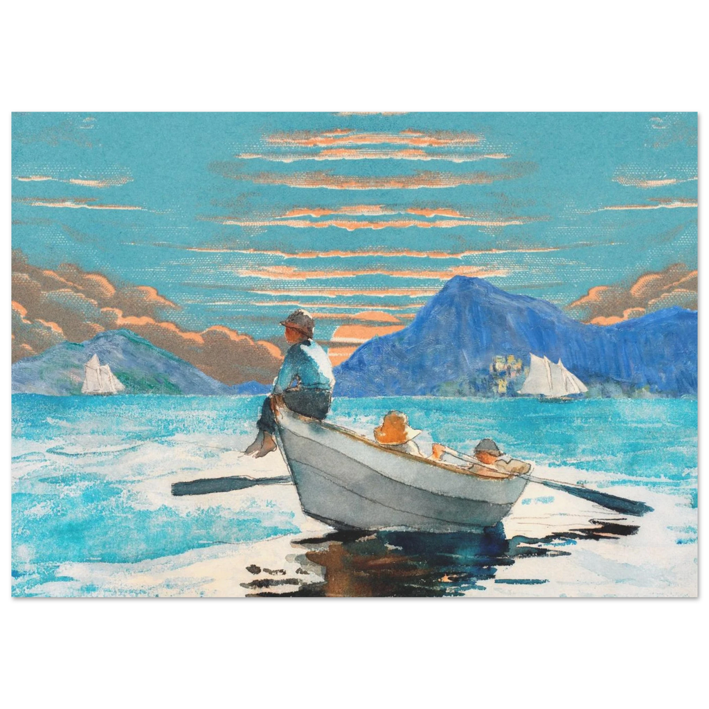 Painting of a man and child in a boat on a lake with mountains in the background