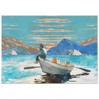 Painting of a man and child in a boat on a lake with mountains in the background