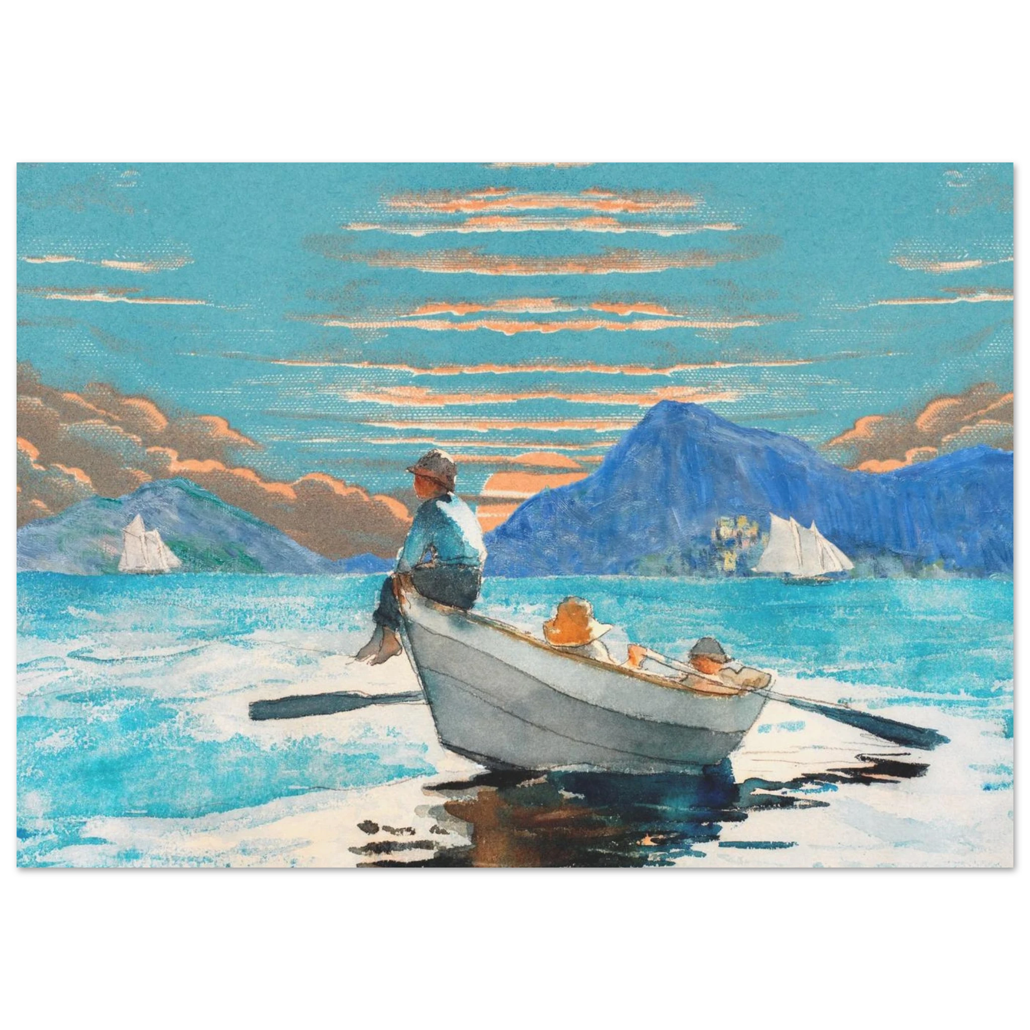 Painting of a man and child in a boat on a lake with mountains in the background