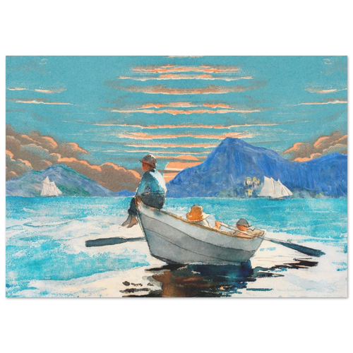 Painting of a man and child in a boat on a lake with mountains in the background